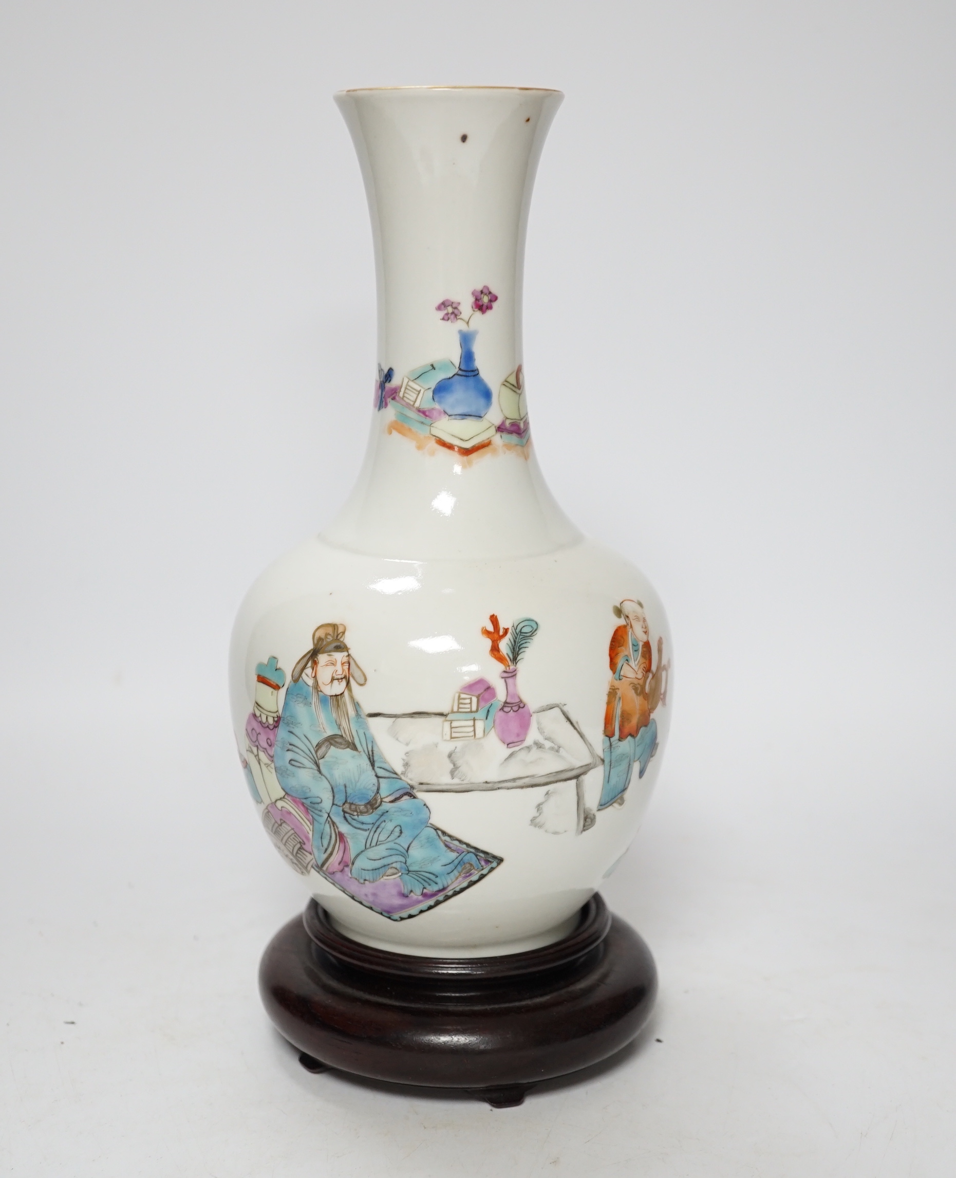 A Chinese famille rose vase, on hardwood stand, 26cm